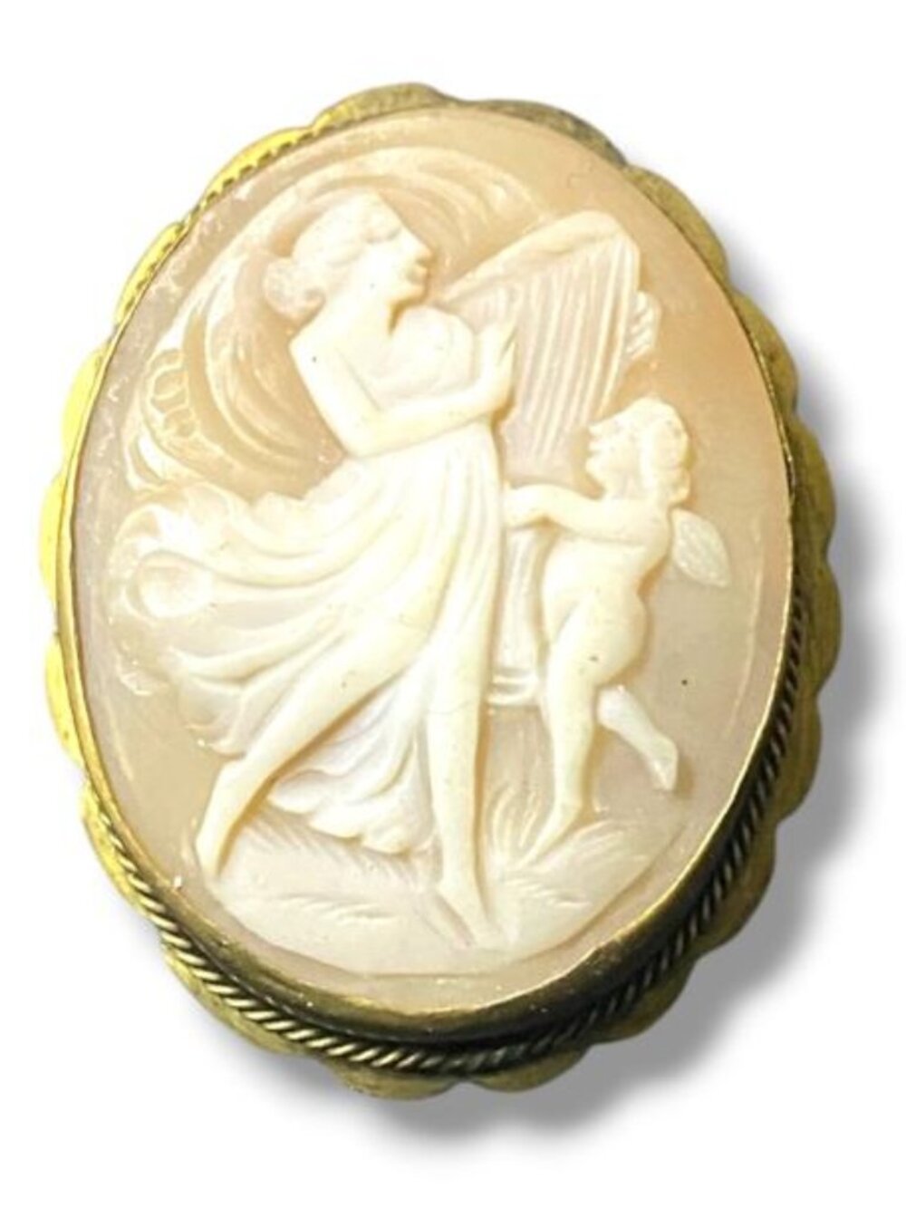 Vintage 14k Yellow Gold Dancing Woman with Harp Shell Cameo Pendant & Brooch